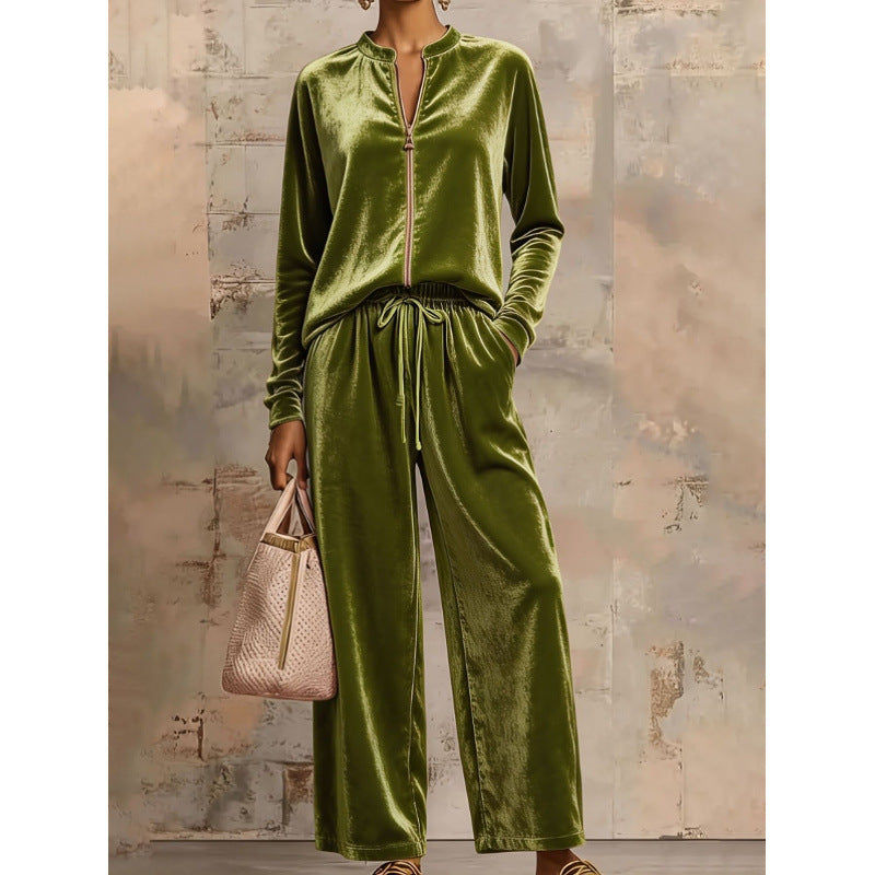 Women's Velvet Lounge Set with Stand Collar, Half Zipper and Wide Palazzo Pants Mune Fashion