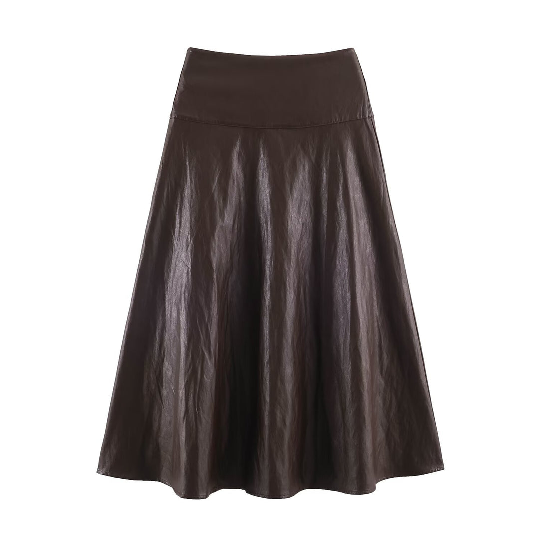 Women's midi skirt made of faux leather with a high waist and flared A-line Mune Fashion