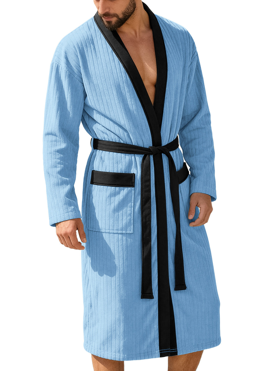 Men's knee-length ribbed kimono-style bathrobe with shawl collar and contrast piping Mune Fashion