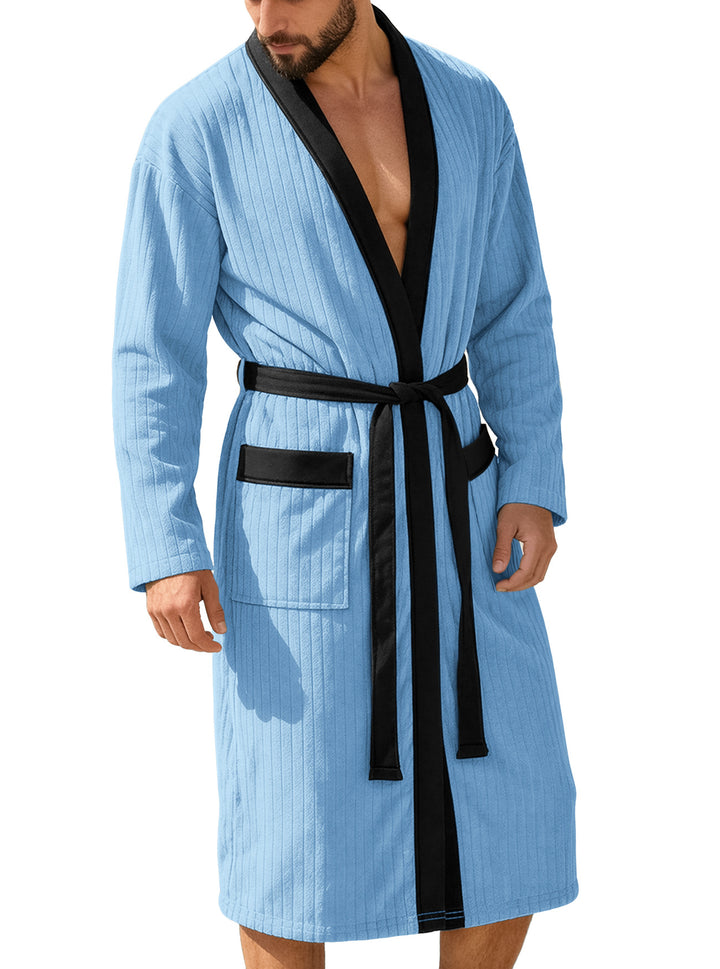 Men's knee-length ribbed kimono-style bathrobe with shawl collar and contrast piping Mune Fashion