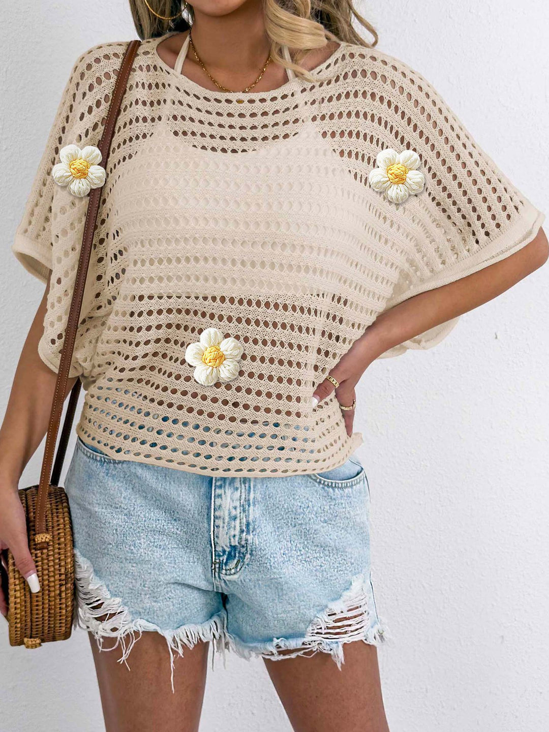 Women's casual crochet top with decorative flower details