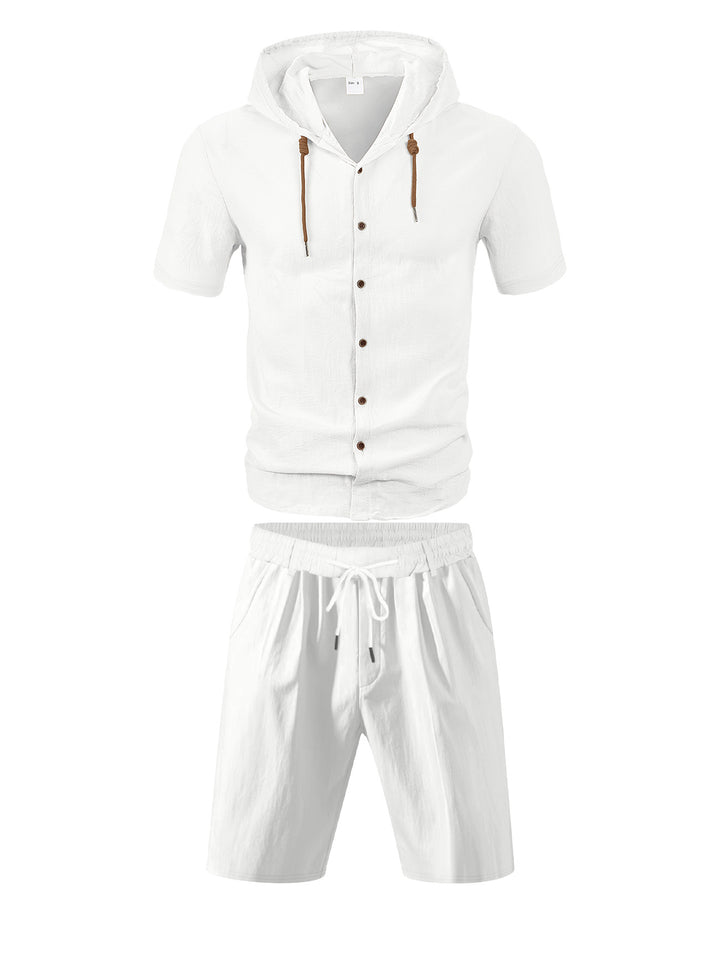 Men's lightweight summer hoodie in linen look with continuous button placket and drawstring Mune Fashion