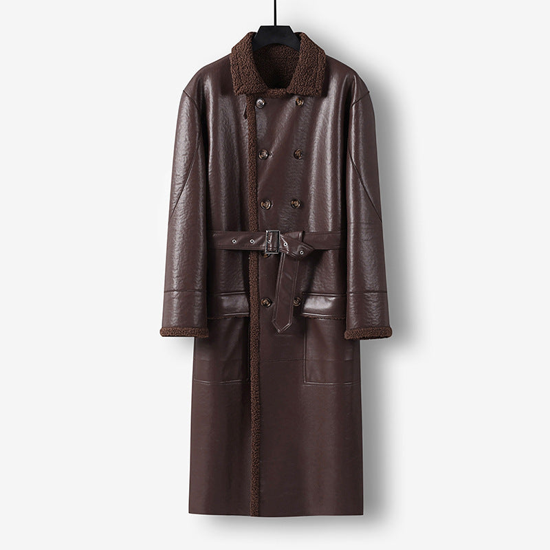 Men's Maxi-length Faux Leather Coat with Teddy Lining, Double-breasted Button Placket and Waist Belt Mune Fashion