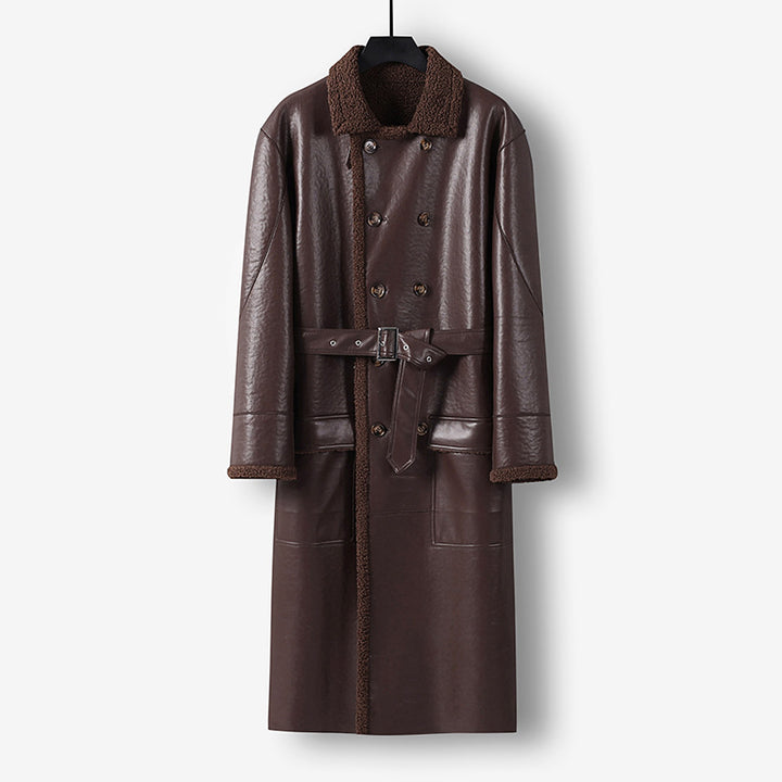 Men's Maxi-length Faux Leather Coat with Teddy Lining, Double-breasted Button Placket and Waist Belt Mune Fashion