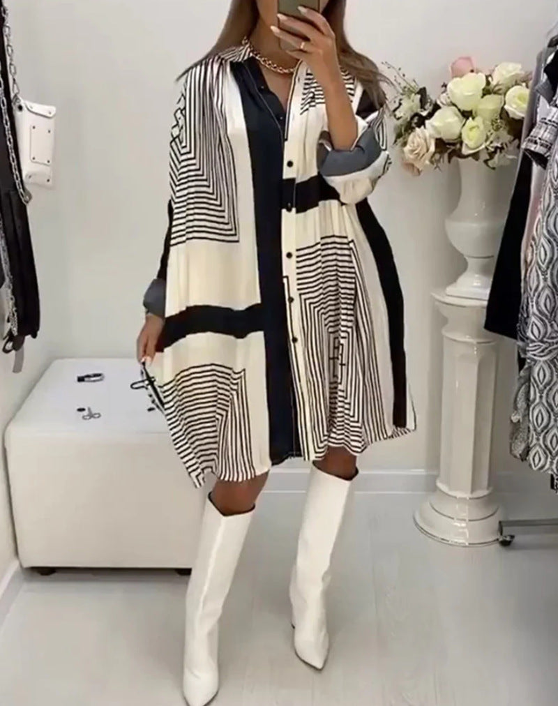 Women's knee-length A-line shirt dress with graphic line print, concealed button placket, and oversized cuffs Mune Fashion