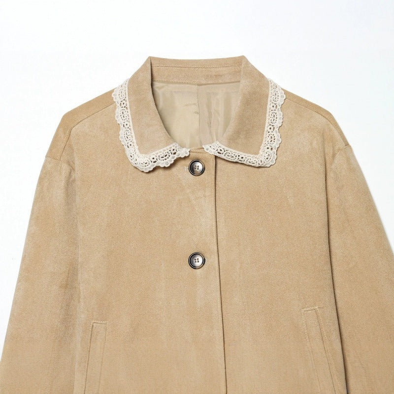 Women's Cropped Velvet Jacket with Lace Collar and Lace Cuffs Mune Fashion