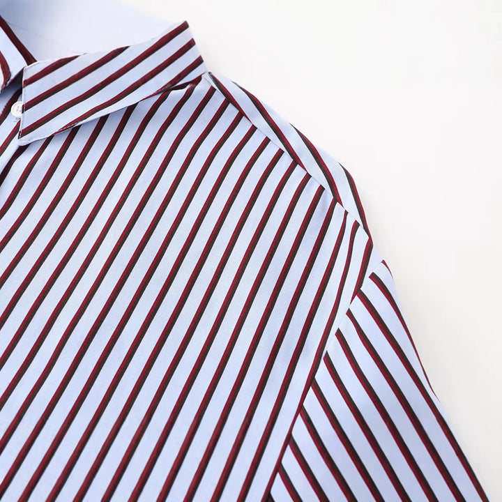Women Striped Oversized Shirt Blouse with Kent Collar and Long Cuffs Mune Fashion