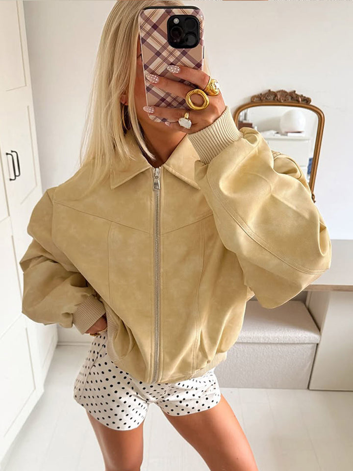 Women's Short Cut Oversized Bomber in Suede-Look with Continuous Zipper & Ribbed Cuffs Mune Fashion