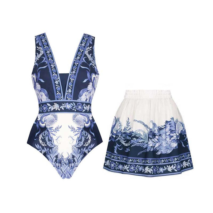 Women One-Piece Swimsuit with Floral Design and V-Neck Mune Fashion