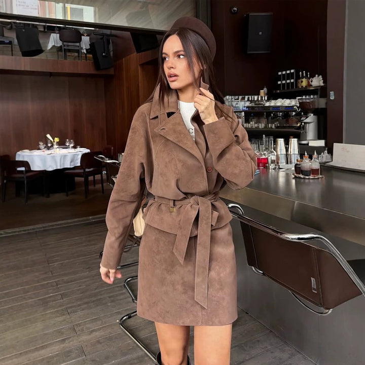 Women's Short Suede Set: Tailored Blouson with Stand Collar & Matching Mini Skirt Mune Fashion