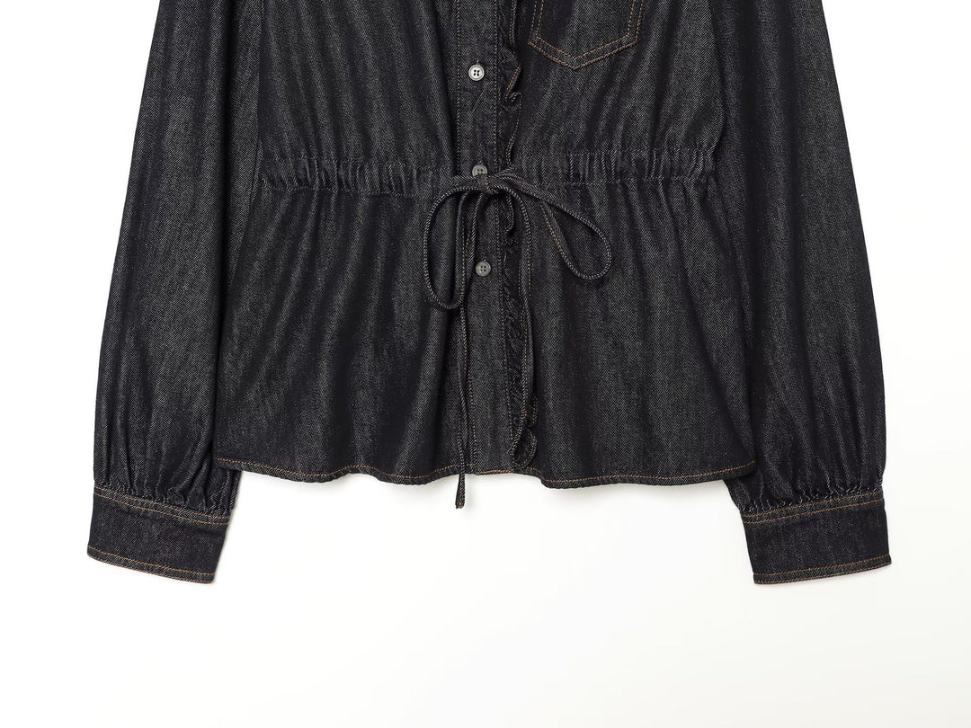 Women's jeans blouse with ruffle trim, drawstring waist and cuffed sleeves Mune Fashion