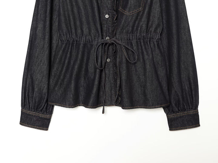 Women's jeans blouse with ruffle trim, drawstring waist and cuffed sleeves Mune Fashion