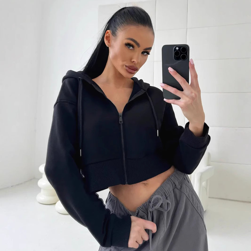 Women's Cropped Hooded Jacket with Short Zipper and Wide Ribbed Cuff Mune Fashion