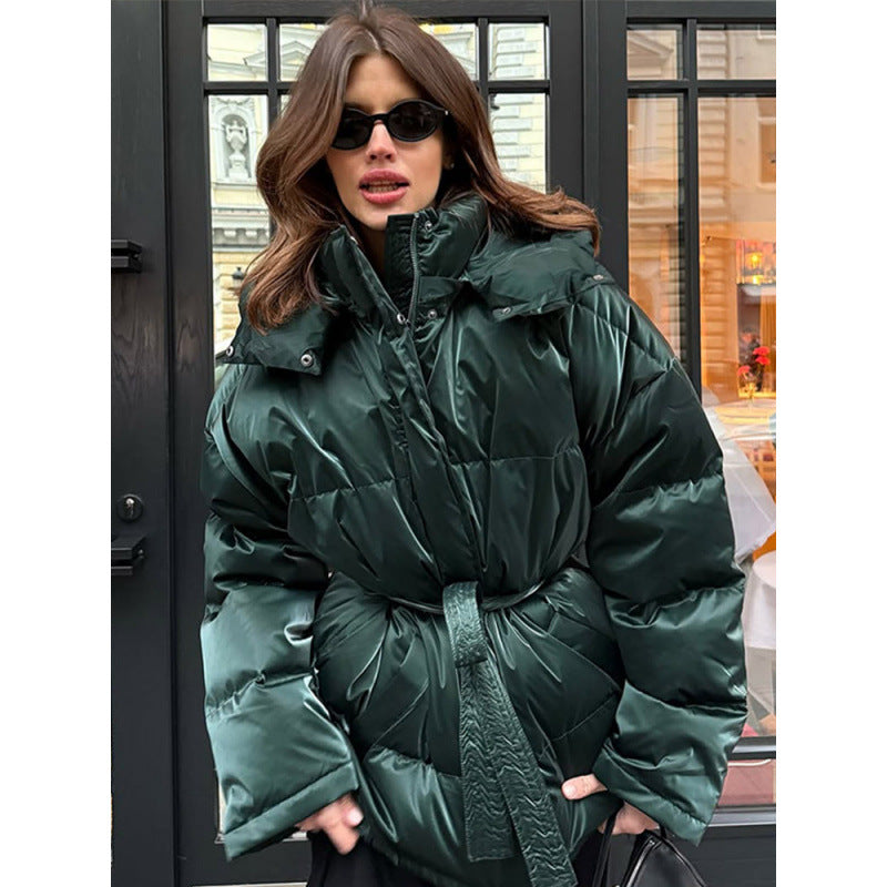 Women's Quilted Winter Jacket with Waist Drawstring and High Stand-Up Collar Mune Fashion