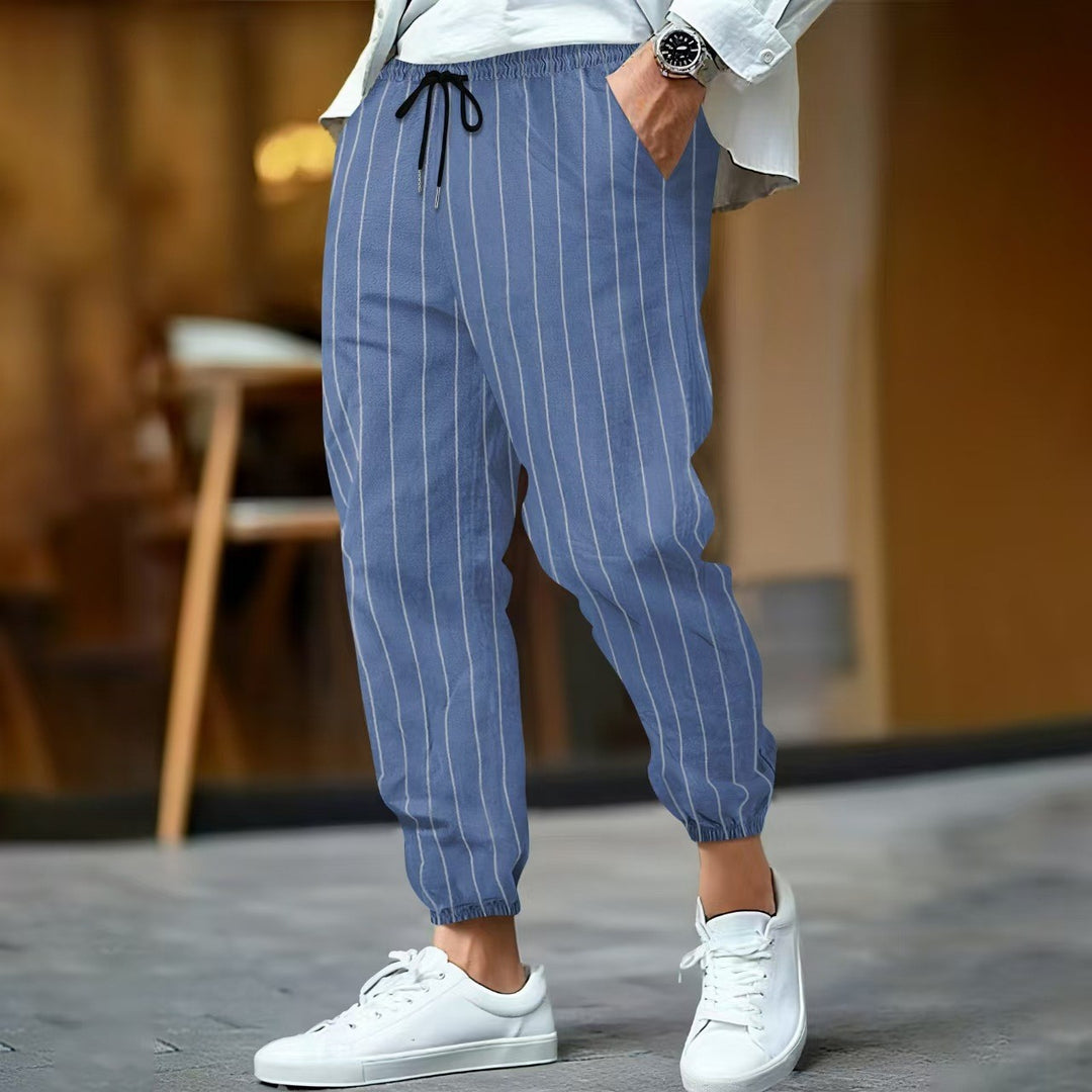 Men's striped linen look joggers with drawstring, elastic hem, and side pockets Mune Fashion