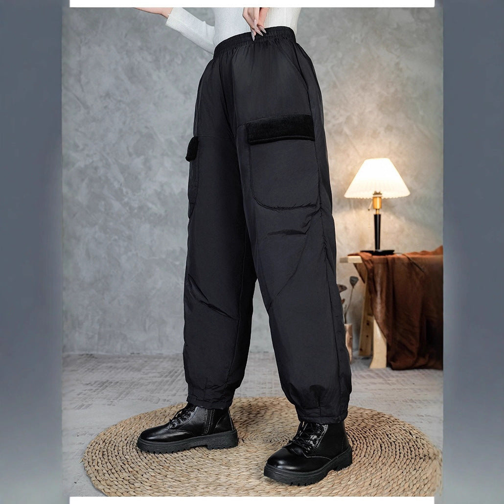 Women's Quilted Thermal Cargo Pants with Elastic Waistband and Cuff Mune Fashion