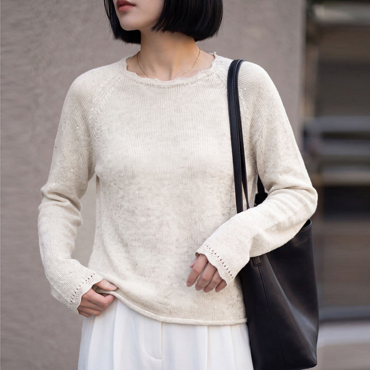 Women lightweight fine knit sweater with subtle glitter look and raglan sleeves Mune Fashion