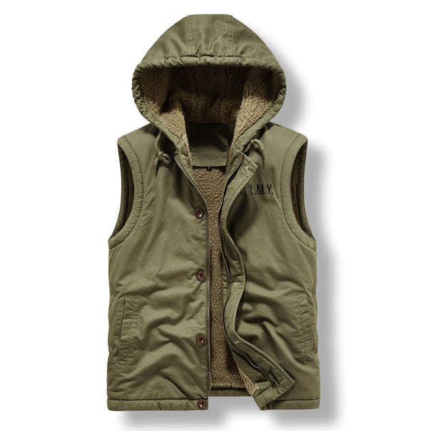 Men's Sleeveless Canvas Vest with Teddy Fleece Lining, Hood, and Two-Way Zipper Mune Fashion