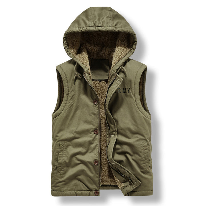 Men's Sleeveless Canvas Vest with Teddy Fleece Lining, Hood, and Two-Way Zipper Mune Fashion