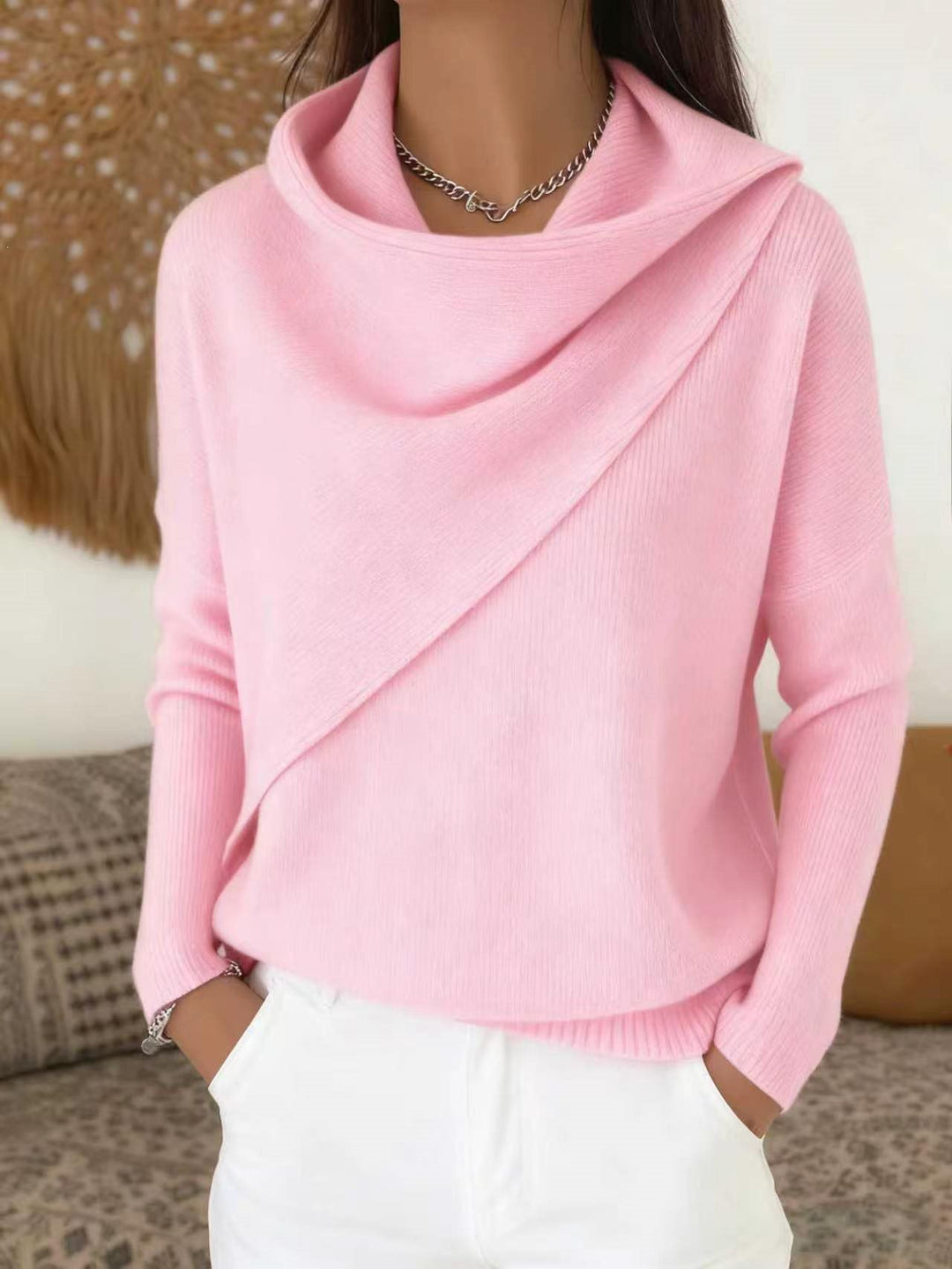 Women's Asymmetric Chunky Knit Sweater with Shawl Collar Mune Fashion