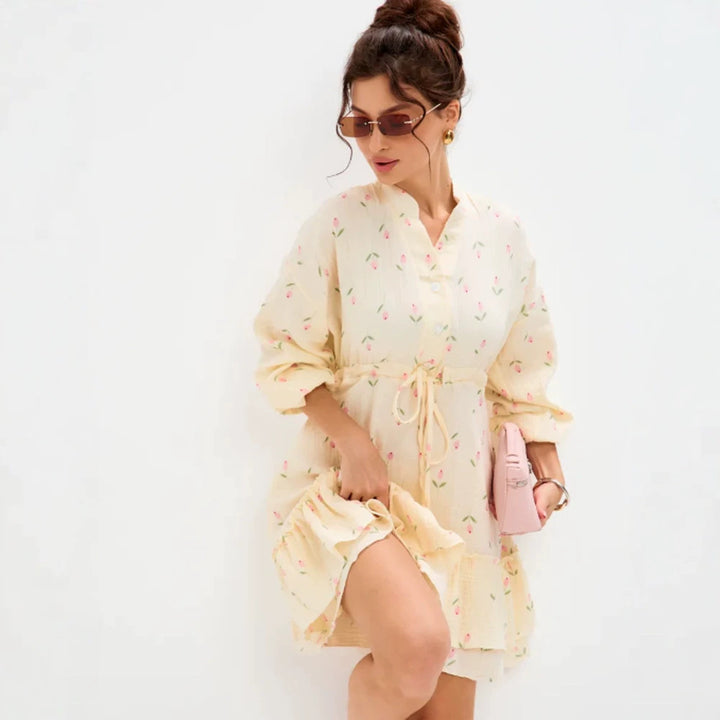 Ladies Floral Cotton Mini Dress with Waist Lacing and Ruffle Hem Mune Fashion
