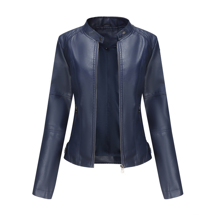 Women in slim faux leather biker jacket with stand-up collar and shaping darts Mune Fashion