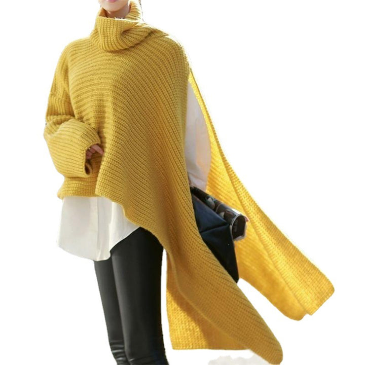 Women Asymmetrical Roll Neck Poncho with Side Cape Detail Mune Fashion