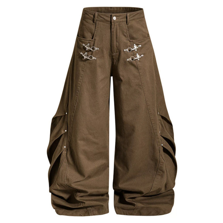 Women's Loose Balloon Cargo Pants with Draping and Metal Closure Details Mune Fashion