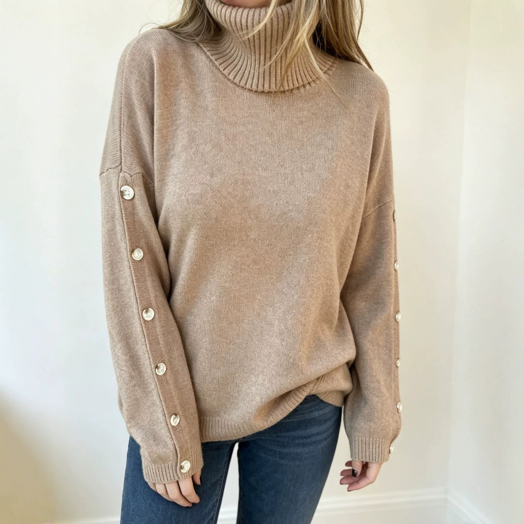 Women's Oversized Turtleneck Sweater with Sleeve Button Placket Mune Fashion