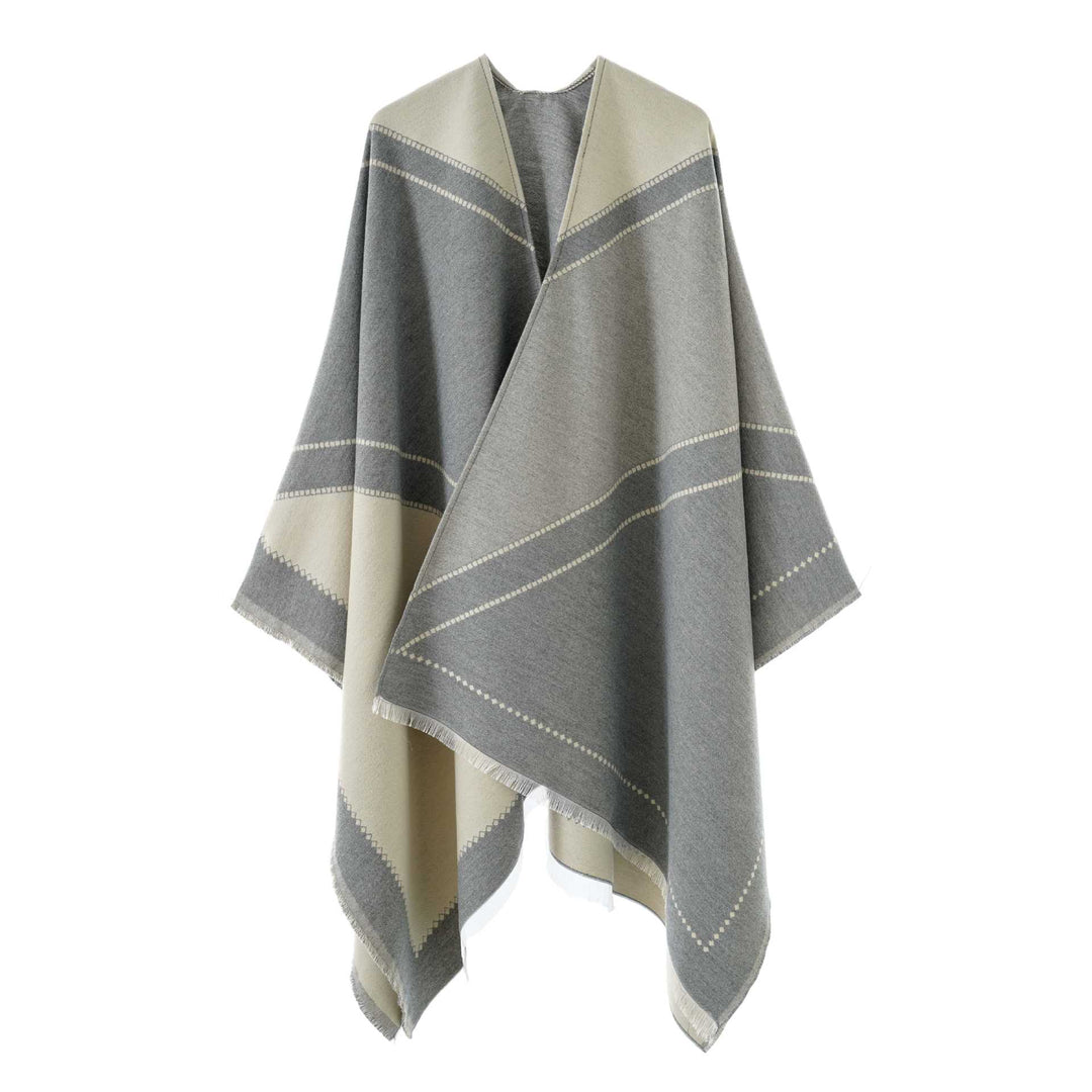 Women's Large Wool Blend Fringe Poncho with Diagonal Contrast Stripes Mune Fashion