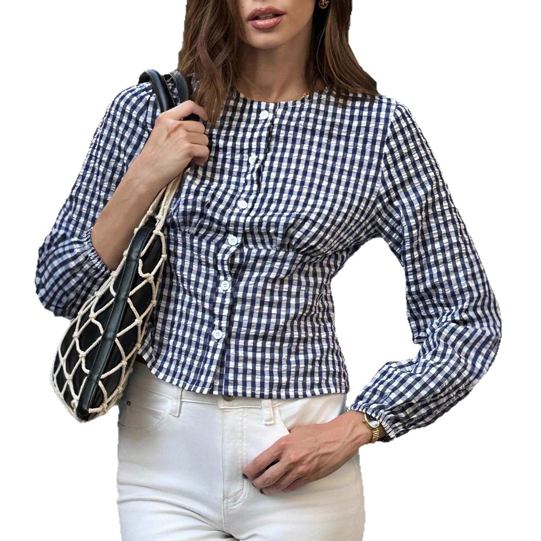 Women's checked blouse top with fitted smocked silhouette and button placket Mune Fashion