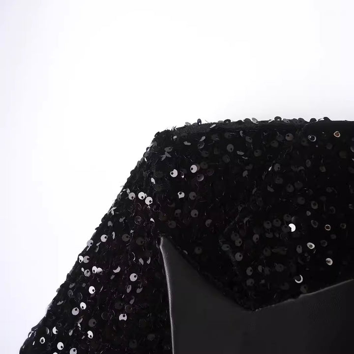 Women's glittering sequin blazer coat with wide shawl collar, satin lapel and adjustable waist belt Mune Fashion