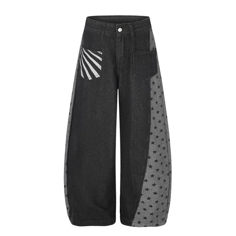 Women's Wide Denim Palazzo Pants with Contrast Sides, Star Print and Patch Pockets Mune Fashion