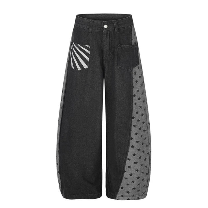 Women's Wide Denim Palazzo Pants with Contrast Sides, Star Print and Patch Pockets Mune Fashion