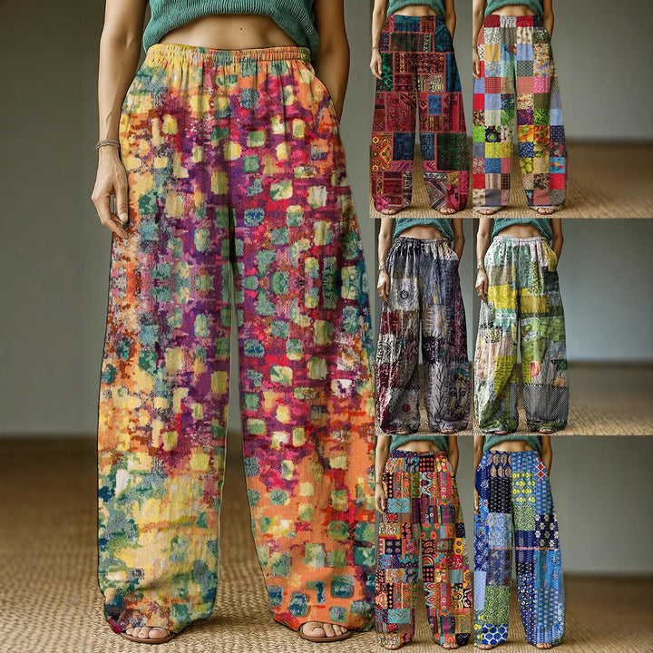 Women's Wide Leisure Pants with Ethnic Patchwork Pattern Mune Fashion