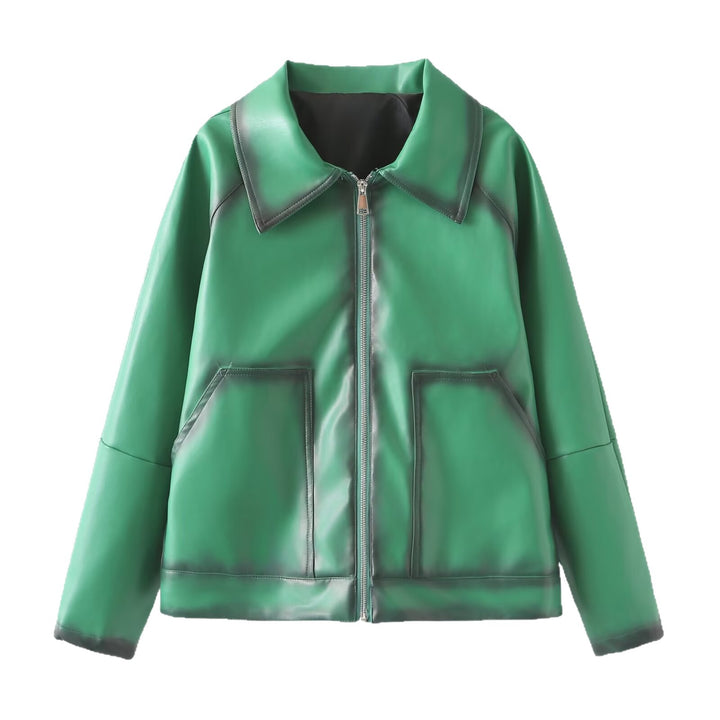 Women Boxy Faux Leather Jacket with Large Shirt Collar and Continuous Zipper Mune Fashion