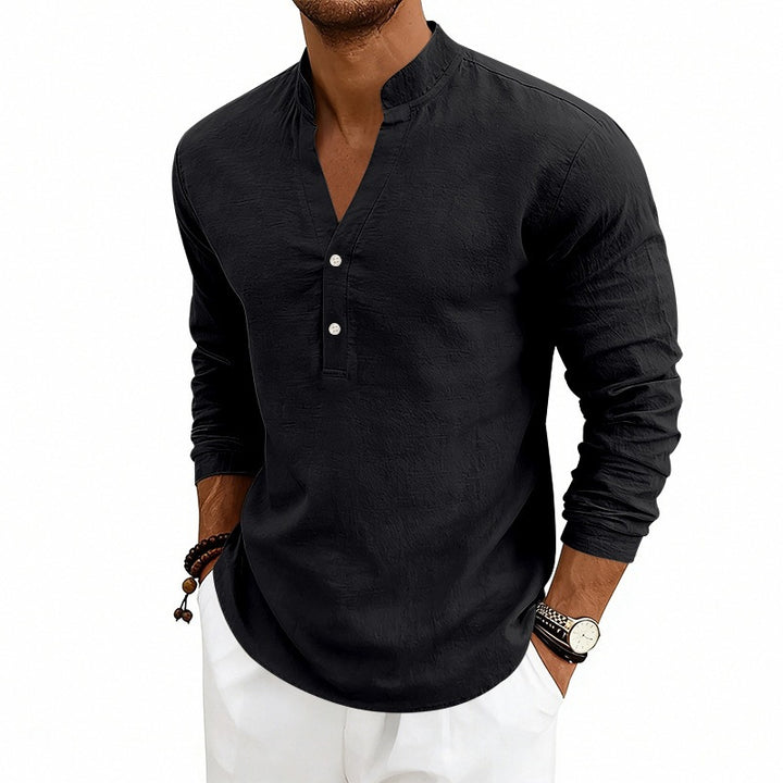 Men's Casual Long Sleeve Shirt Made of Linen with Stand-Up Collar and Short Button Placket Mune Fashion