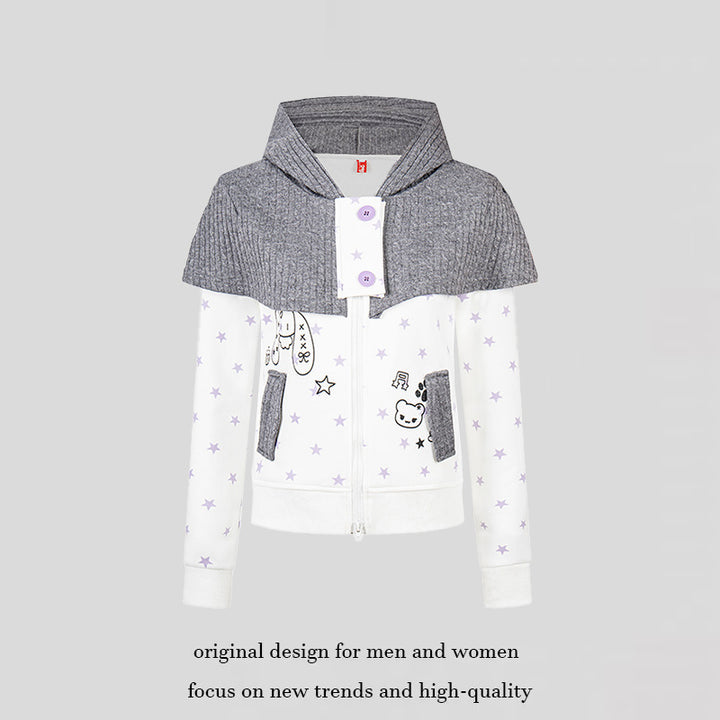 Women's hooded sweatshirt jacket with removable knitted cape, star print and front zipper Mune Fashion