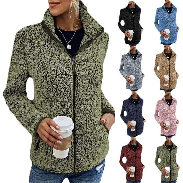Women's Plush Fleece Jacket with High Collar and Side Pockets Mune