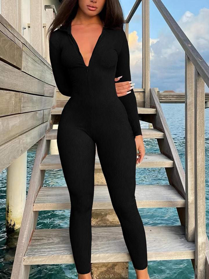 Women's Figure-Hugging Ribbed Knit Jumpsuit with Zipper and Shirt Collar Mune Fashion