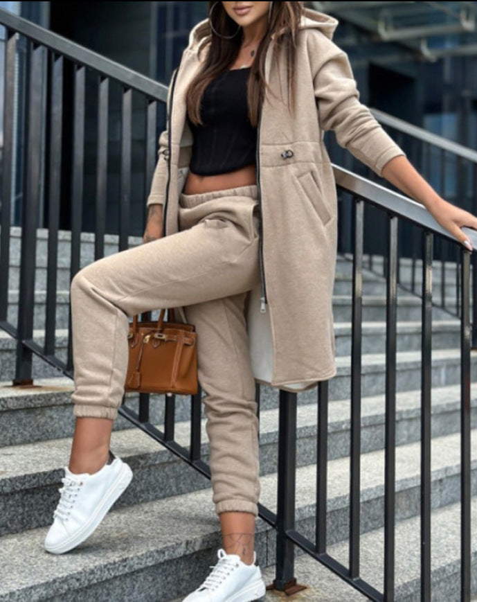 Women's Hooded Coat and High-Waist Jogging Pants Lounge Set Mune Fashion