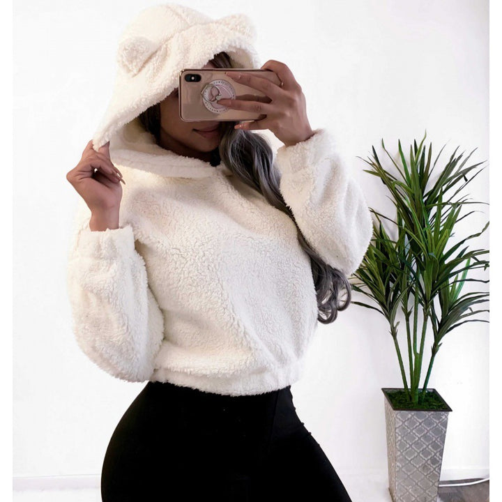 Women's Short Hooded Sherpa Pullover with Kangaroo Pocket and Elastic Hem Mune Fashion