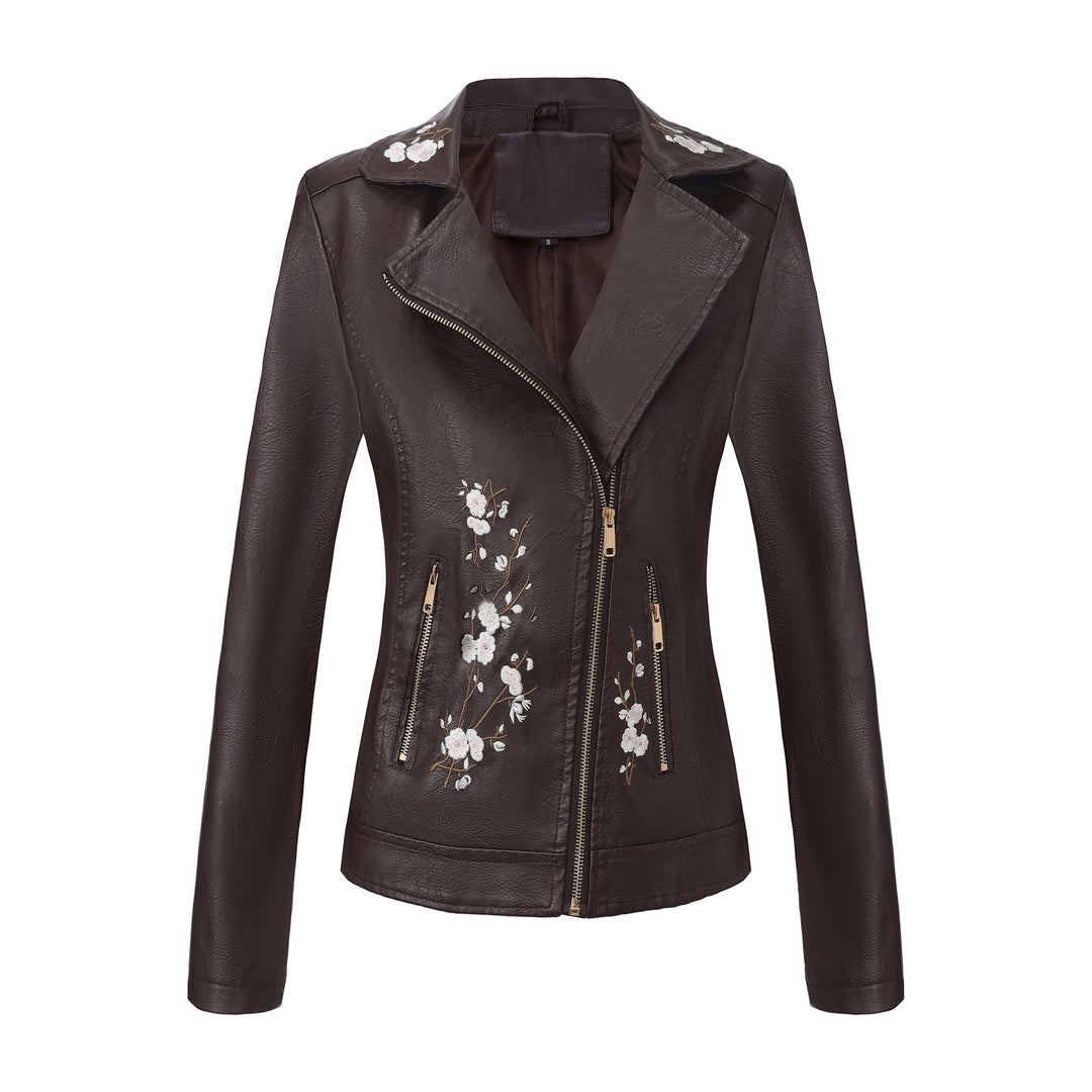 Women nan embroidered tailored faux leather biker jacket with asymmetrical zipper Mune Fashion