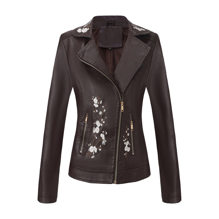 Women nan embroidered tailored faux leather biker jacket with asymmetrical zipper Mune Fashion