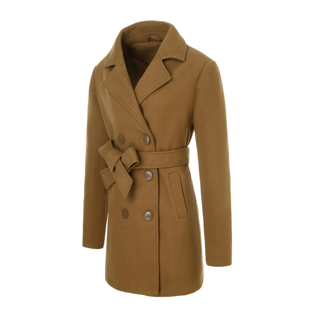 Women's tailored double-breasted wool coat with tie belt and lapel collar Mune Fashion