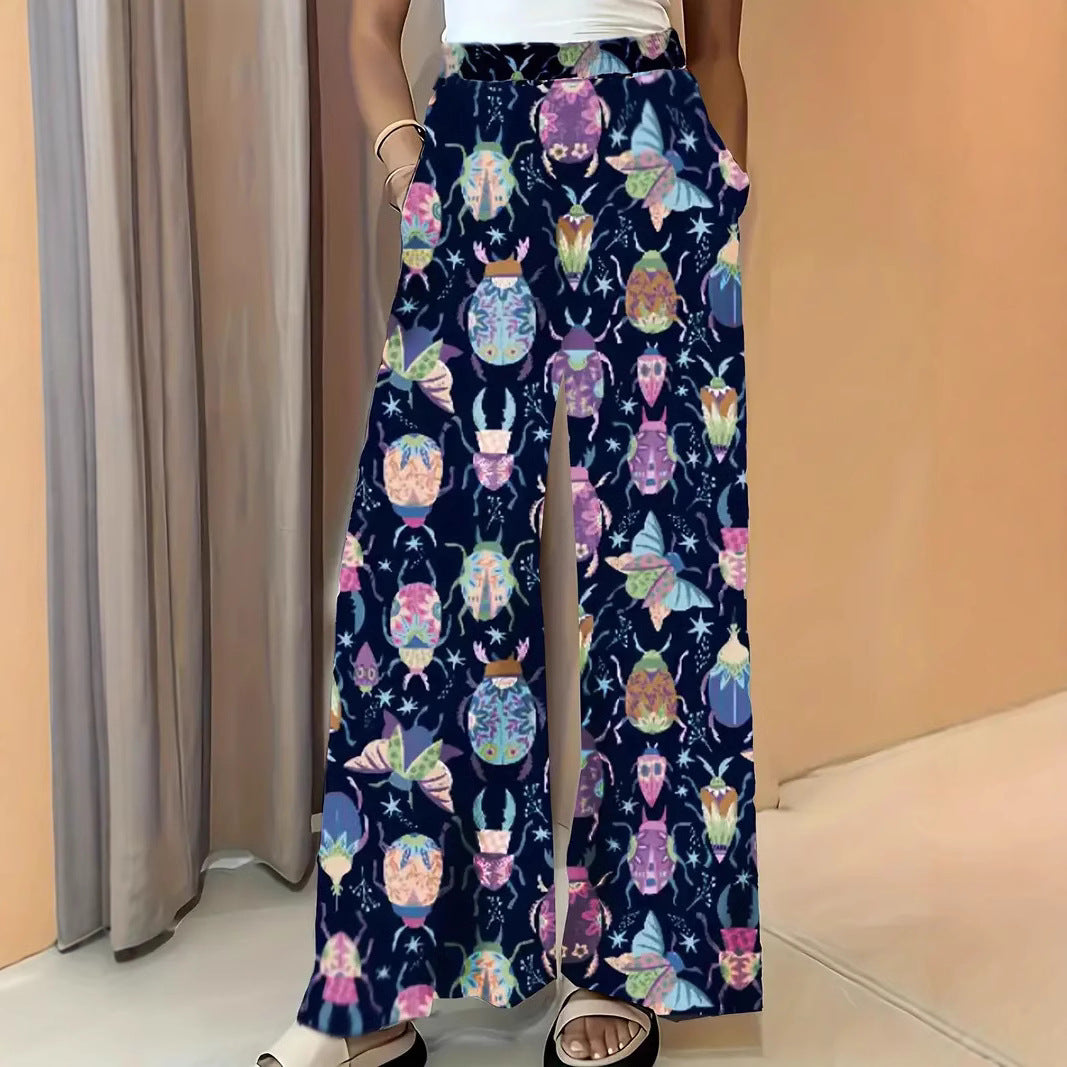 Women's Wide Palazzo Pants with Elastic Waistband and Eye-catching Beetle Print Mune Fashion
