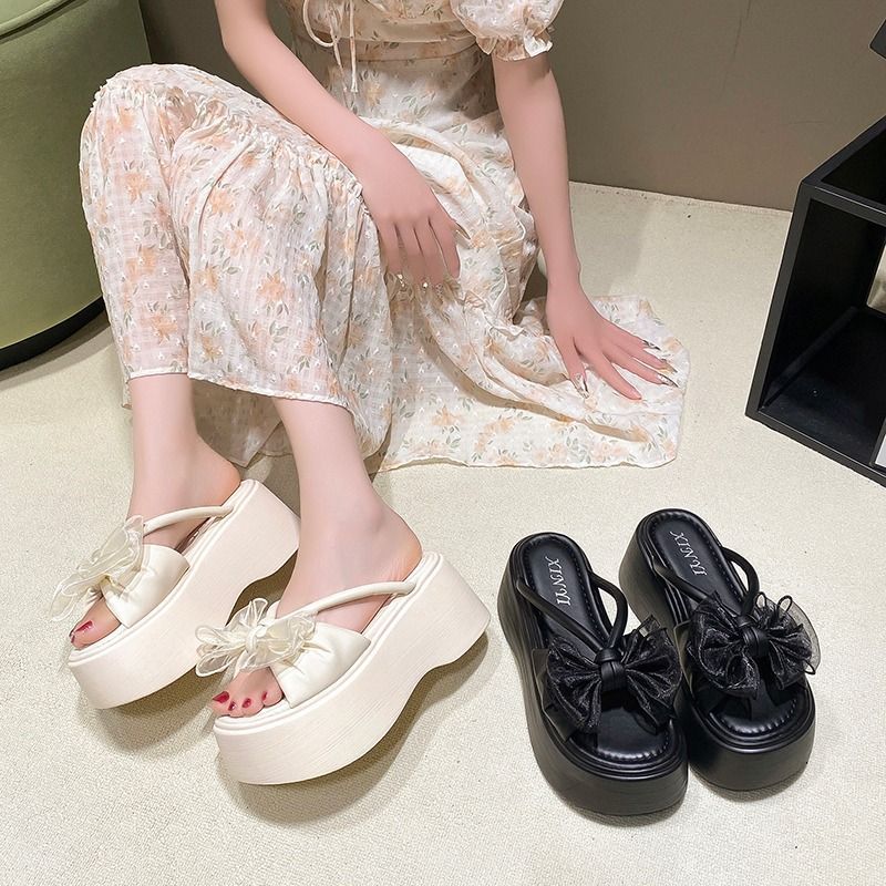 Women's platform slide sandal with high wedge sole and organza flower appliqué Mune Fashion