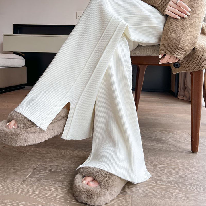 Ladies Stylish Ribbed Knit Pants with Side Slits Mune Fashion