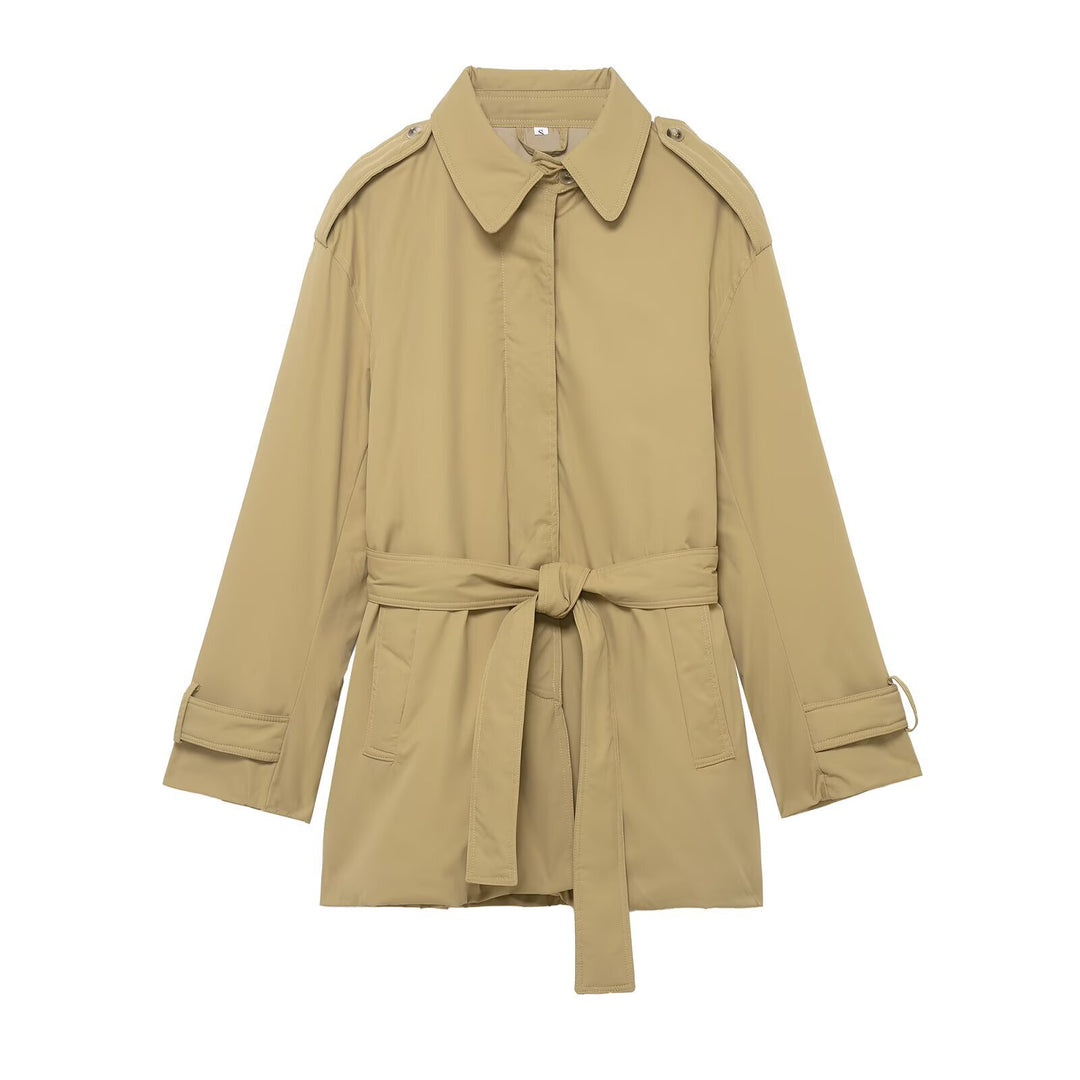 Women's Short Trench Coat with Waist Belt and Epaulettes Drune
