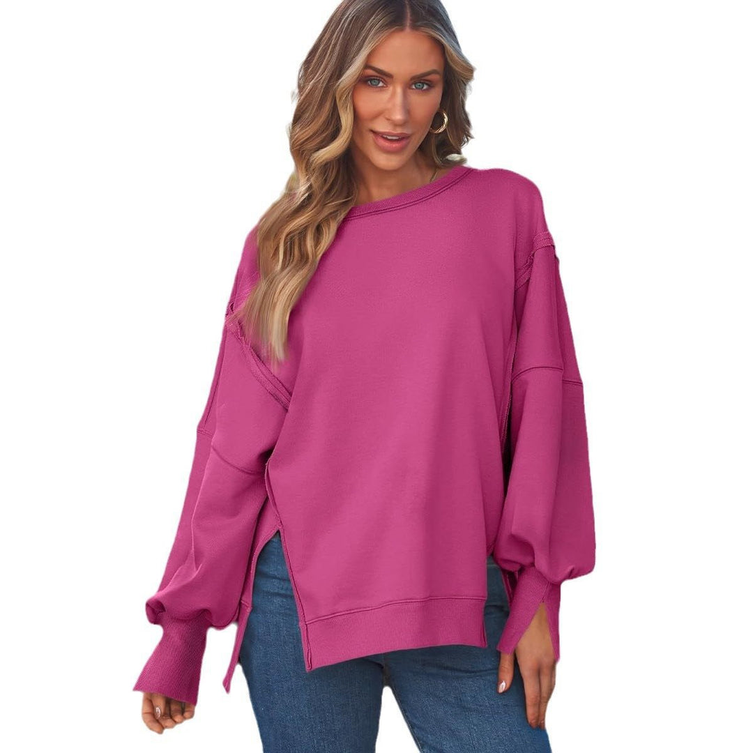 Ladies Soft Longline Sweatshirt with Balloon Sleeves, Side Slits and Ribbed Hem Mune Fashion
